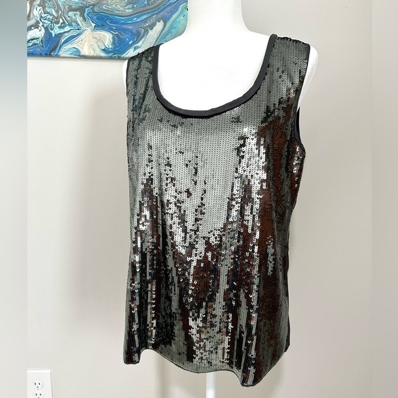 Elie Tahari NWT Silver Sequin Sleeveless Silk Top Scoop Neck Gorgeous Chic - Picture 2 of 10